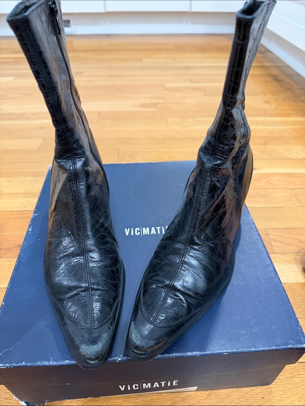 Vic Matie Black Leather Pointed Toe Mid-Calf Boots